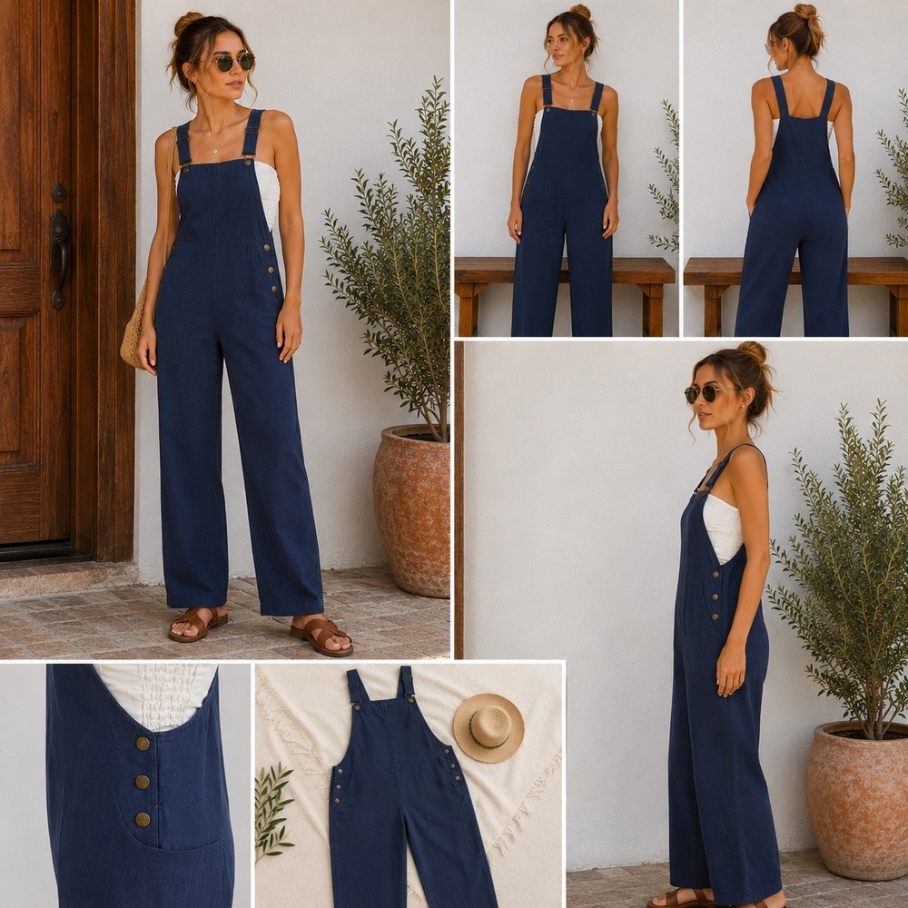 Style Dome Overalls Womens‎ Small Navy Blue 100% Cotton Adjustable Bib Wide Leg